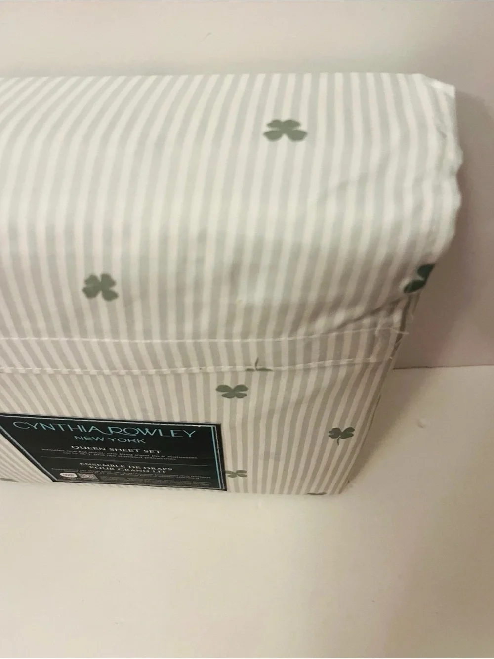 Cynthia Rowley Stripe Shamrock Queen Sheet Set Green White Irish St. Patrick